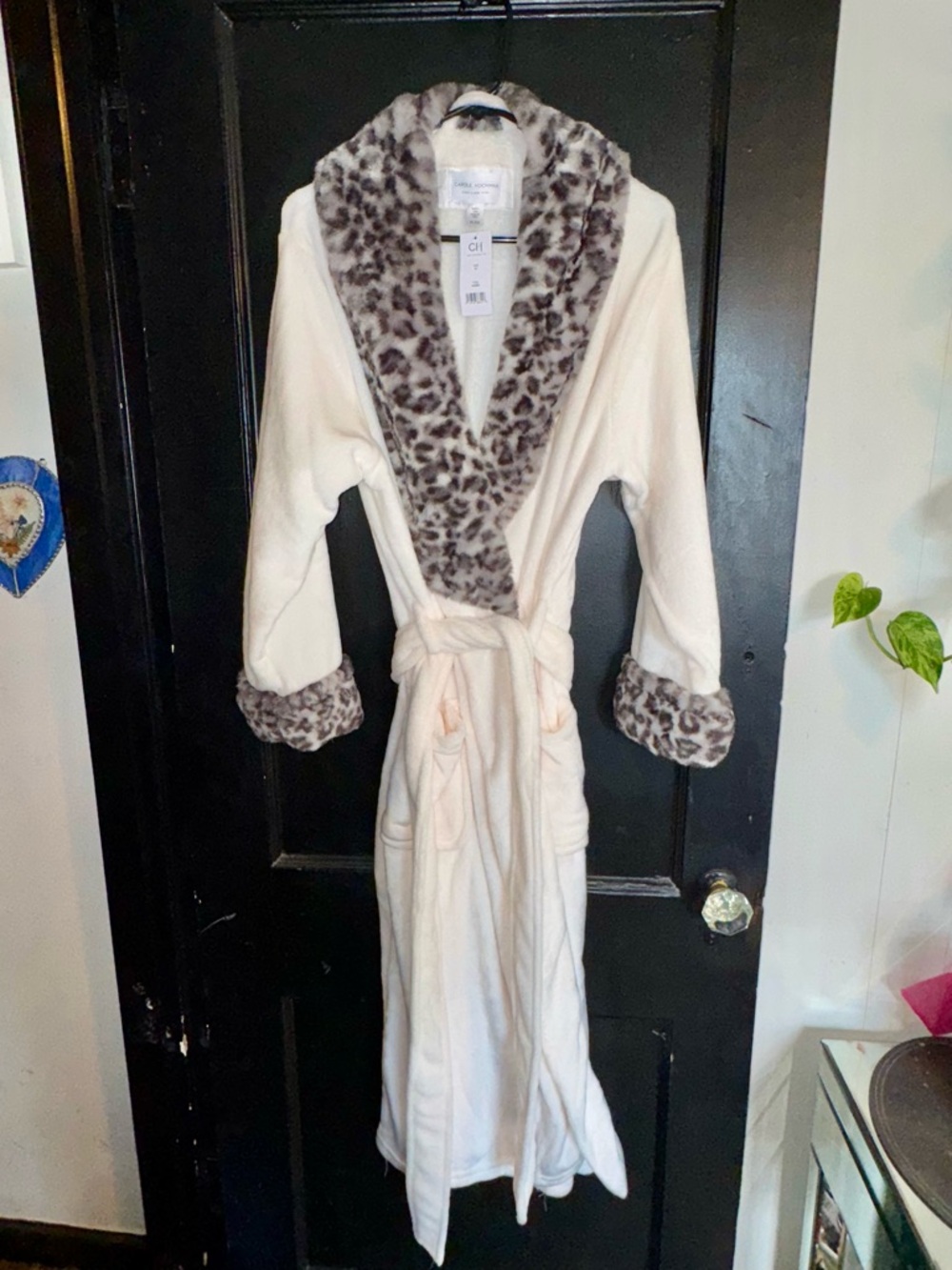 NWT Cream Plush Robe with Leopard-Print Trim